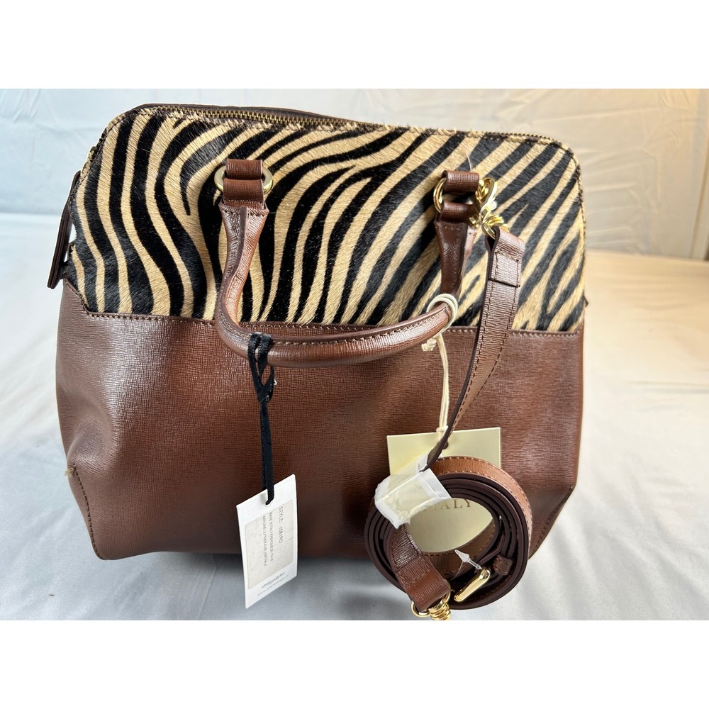 IACUCCI Italy Brown Leather Zebra Print Calf Hair Satchel Handbag 1081RD NWT